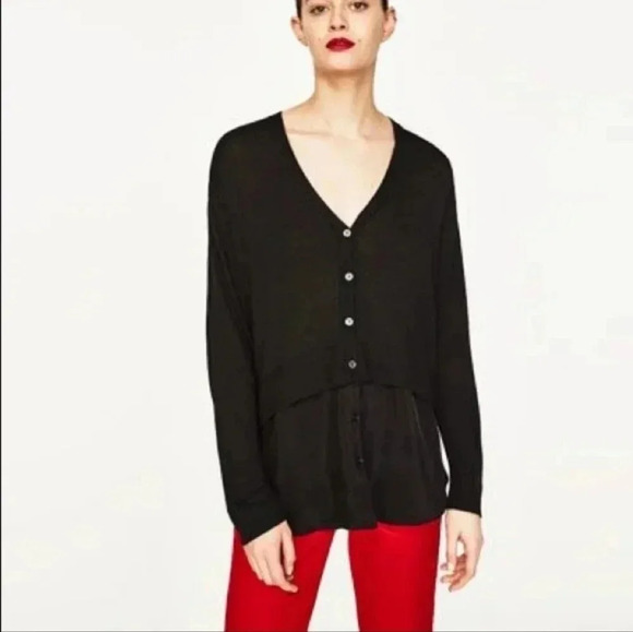 Zara Womens Solid Black Long Sleeve V Neck Knit Sweater Cardigan Top Medium - Picture 1 of 5